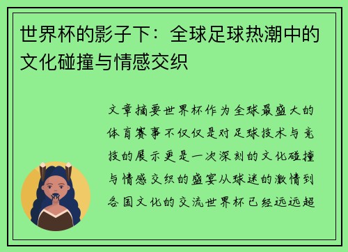 世界杯的影子下：全球足球热潮中的文化碰撞与情感交织
